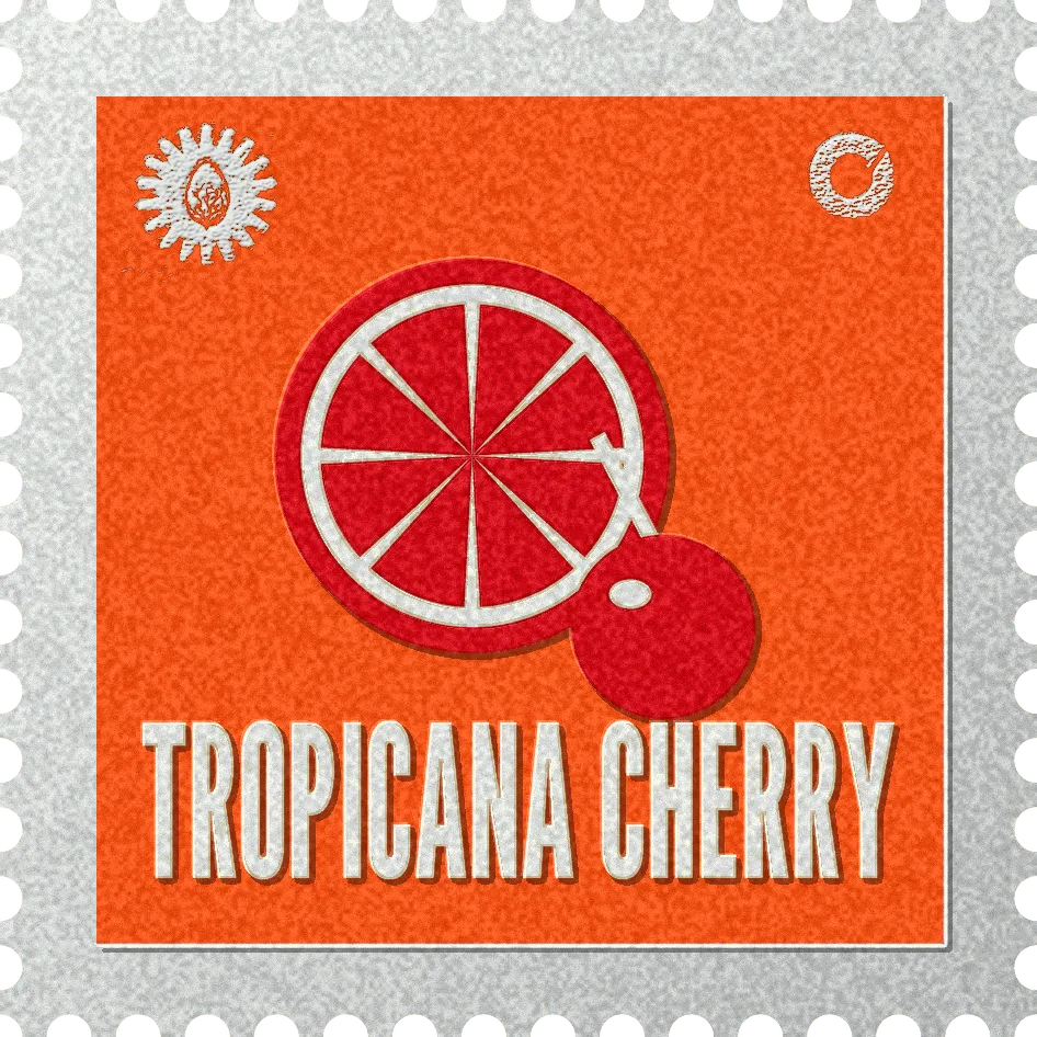 Tropicana Cherry stamp, No. 61 in the Official Cannabis collection: a citrus wheel with a cherry in front of it