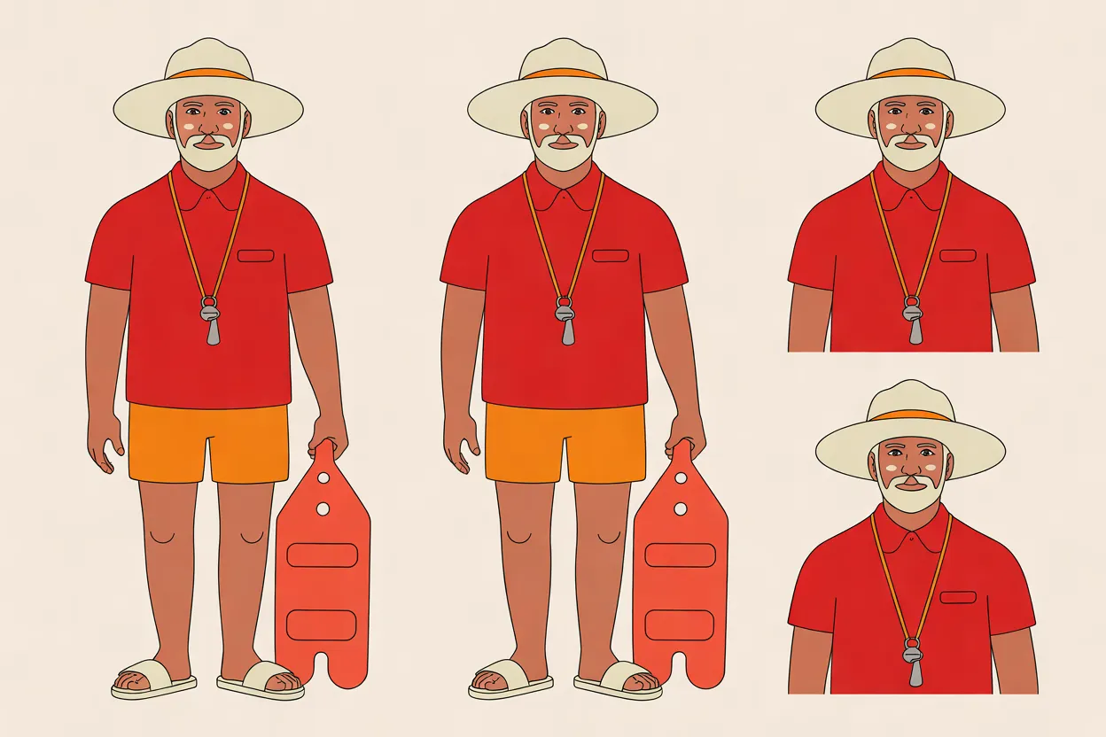 The Lifeguard character sheet on a warm cream background: two identical full-length front views and two head-and-shoulders close-ups, all with the same calm, closed-mouth expression. In every view he has deep bronze skin, a short white beard and white zinc patches on his cheeks, and wears a wide-brimmed cream sun hat with an orange band, a red short-sleeved shirt and a silver whistle on an orange lanyard; in the full-length views he also wears orange shorts and cream slide sandals and holds a red float with two holes by its top.