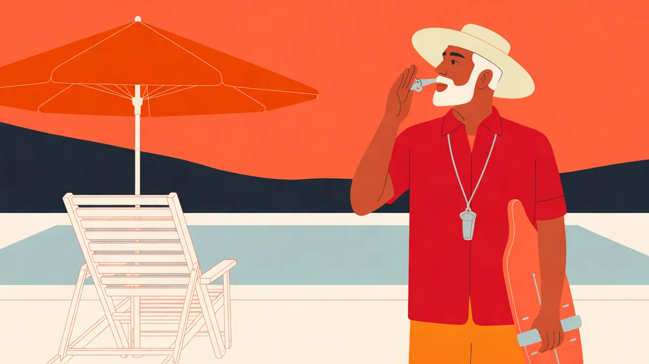 The Lifeguard, a man with deep bronze skin and a short white beard in a wide-brimmed cream sun hat, stands at the right facing left, shown from the thighs up in a red short-sleeved shirt and orange shorts. He blows a silver whistle held to his lips while another silver whistle hangs on a pale cord at his chest, and he holds an orange board-shaped float by a grey handle at his side. To the left, a slatted cream deck chair stands under a tangerine umbrella on a cream deck beside a pale blue pool, with dark hills under a tangerine sky.