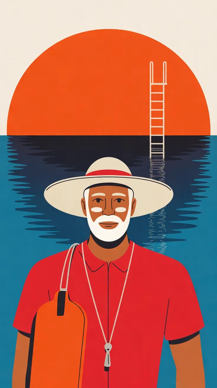 The Lifeguard, a man with deep bronze skin, a short white beard and white zinc patches on his cheeks, faces the viewer from the waist up in a wide-brimmed cream sun hat with a red band and a red short-sleeved shirt, an orange float hanging over one shoulder by a cream strap and a silver whistle on a cream lanyard. Behind him a pool ladder stands in deep blue water beneath a large tangerine half-circle of sun on a cream sky.